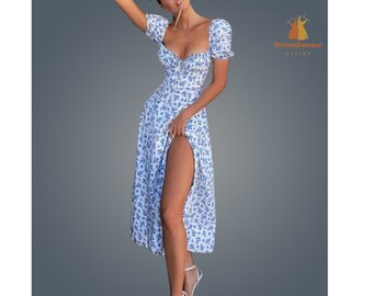 Robe longue longue décontractée à imprimé floral et manches bouffantes pour femme