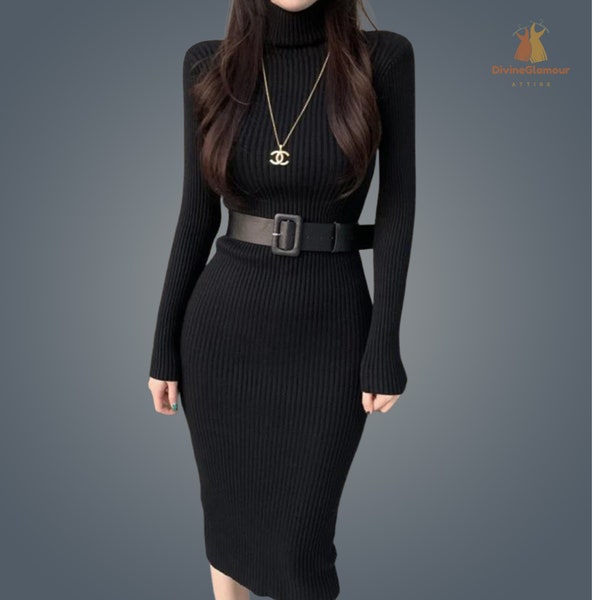 Women Winter Long Sleeve Turtle Neck Bodycon Dress