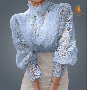 Women Lace Embroidery Long Sleeve Blouse