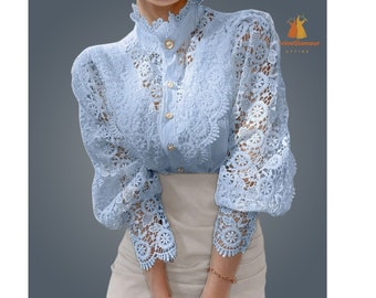 Women Lace Embroidery Long Sleeve Blouse