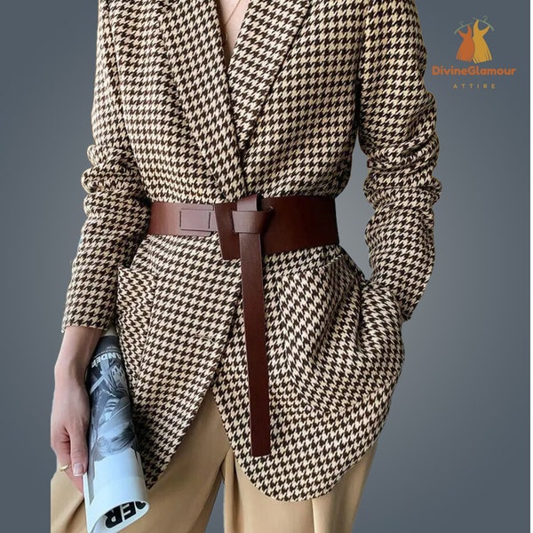 Women Winter Khakhi and  Black Houndstooth Wool Blazer with Belt