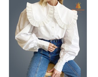 Women Summer White Peter Pan Collar Blouse Ruffled Long Sleeve Blouse Shirt