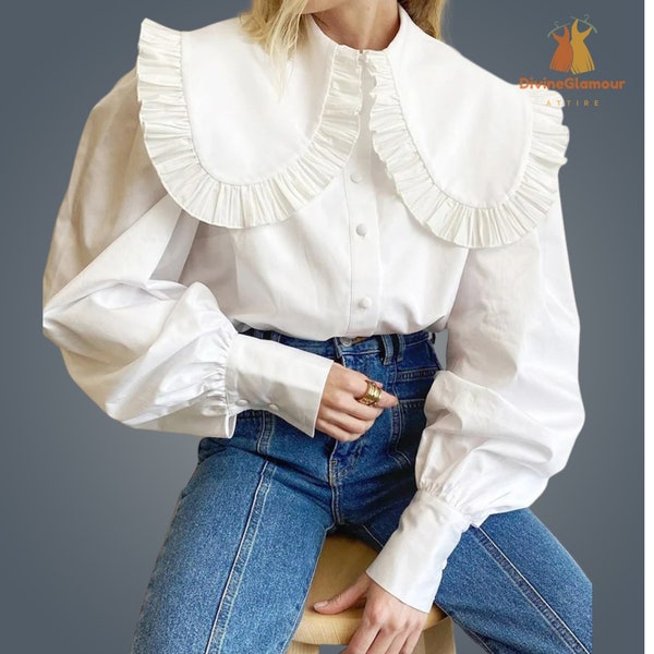 Women Summer White Peter Pan Collar Blouse Ruffled Long Sleeve Blouse Shirt