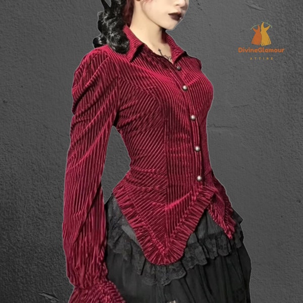 Women Spring Summer Long Sleeves Victorian Blouse Gothic Velvet  Top