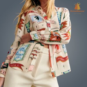 Women Spring Summer Long Puffy Sleeve Printed Casual Blouse White(as in photo)