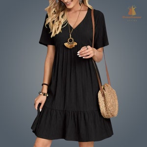 Women Summer Solid Casual Bohemian Midi Dress Black (as in pic)