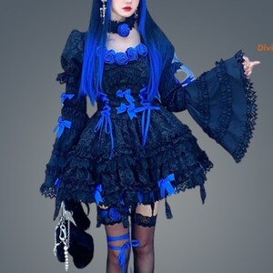 Gothic Satin Lolita Blue Corset Top With Lace Off Shoulder Sleeves