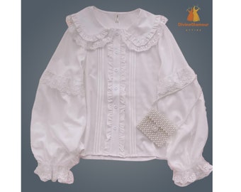 women autumn white peter pan lace collar blouse