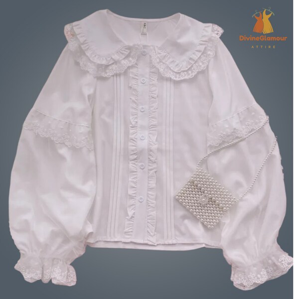 women autumn white peter pan lace collar blouse