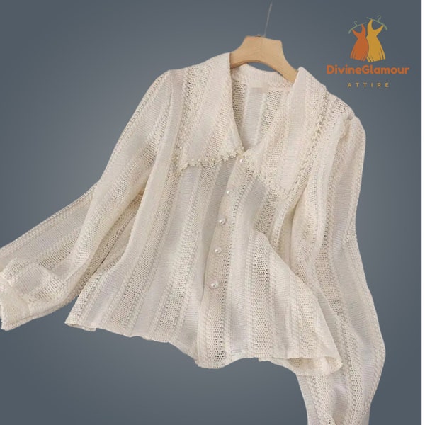 Women Spring Summer White Peter Pan Collar Blouse Ruffled Long Sleeve Blouse Shirt