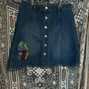 Boho Denim Skirt with Handmade Mushroom Appliqué, Upcycled Size 8