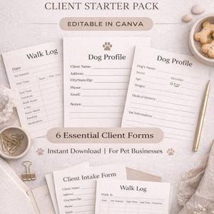 Dog Walker Client Forms Bundle | Pet Sitting Templates Editable Canva | Intake Form, Walk Log, Pet Care Forms Printable