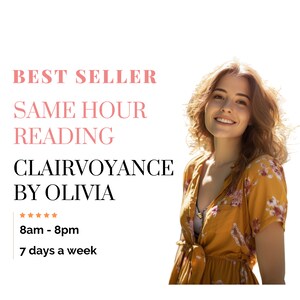 May include: A graphic with the text "BEST SELLER SAME HOUR READING CLAIRVOYANCE BY OLIVIA" in black text with a pink background. Below the text is a five-star rating and the text "8am - 8pm 7 days a week". A woman with curly brown hair is smiling at the camera. She is wearing a yellow floral dress.