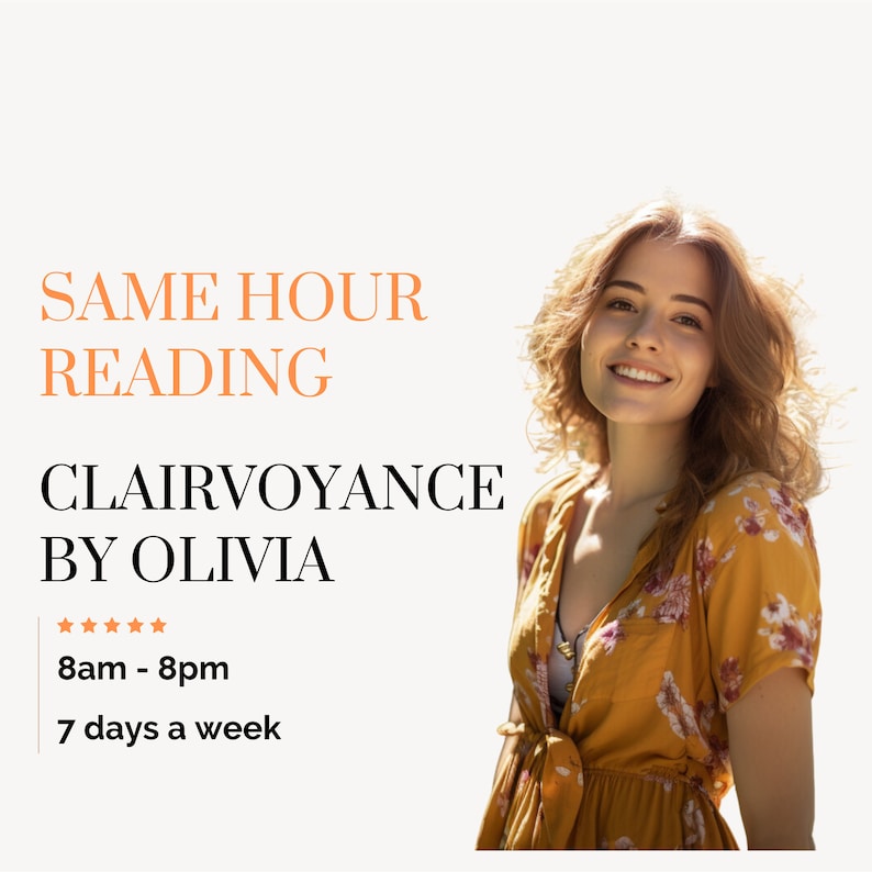 May include: A woman smiles at the camera while wearing a yellow floral dress. The text "SAME HOUR READING CLAIRVOYANCE BY OLIVIA" is displayed above her. Below the text is a five-star rating and the text "8am - 8pm 7 days a week."