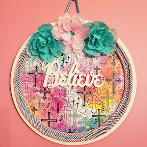 Believe Door Sign, Religious Wreath, Spiritual Wall Hanging, Believe Door Hanger