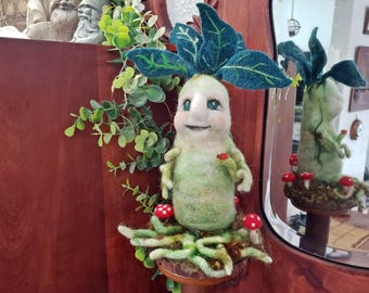 Needle Felted Baby Mandrake with Ladybug and Mushrooms