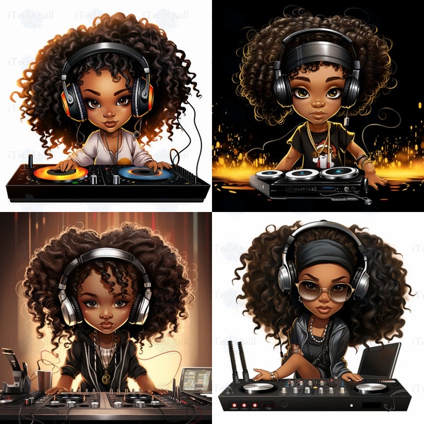 Magical Mix Masters: 4 Adorable AI-Generated Black Female ClipArt DJ's on Digital Turntables