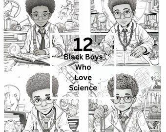 Diverse Science-Loving Black Boys Coloring Pages Set | Educational PDF for Kids | Coloring Sheets for Adults and Children.
