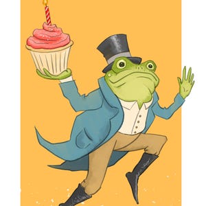 Geburtstags-Frosch Gentleman mit Cupcake - Schaltjahr Geburtstags-Gruß-Karte - Fancy Frog A-Leaping