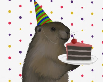 Groundhog Birthday Greeting Card | Groundhog with Party Hat and Birthday Cake | Birthday Gift | Cute Animal | Funny Birthday Card