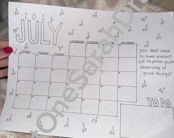Calendario de julio dibujado a mano y rastreadores de hábitos para Bullet Journal