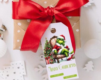 Merry Grinchmas Gift Tag Editable, Customized Merry Christmas Grinch Gift Tag Wrapping Template, Holiday Gift Box Tag Funny Gift Tag
