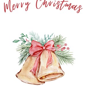 May include: A watercolor illustration of two gold bells with a red bow and green pine branches. The text "Merry Christmas" is written in red cursive above the bells. The text "The Lorenzo Family Elijah, Tiffany, Leo, and Skylar" is written in gold below the bells.