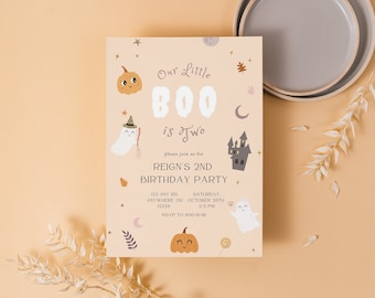 Boo is Two Birthday Party Our Little Boo Toddler Invite Halloween Invitation Template Boo Ghost Birthday Second Birthday Spooky Editable