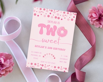 Twee zoete verjaardag, twee zoete uitnodiging, tweede verjaardag uitnodigen, kinderverjaardag, 2e verjaardagsuitnodiging, twee zoete, roze, hagelslag, donut