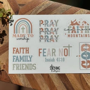 Boho christelijk stickervel ~ geloof sticker ~ waterdicht ~ vinyl ~ inspirerend cadeau ~ gemaakt om te aanbidden ~ bidden ~ familie ~ vriend ~ kan bergen verzetten ~ Vrees niet