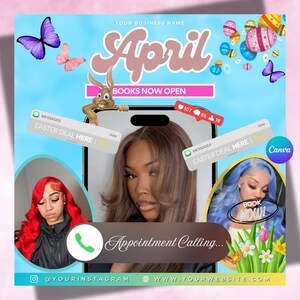 April Booking Flyer, Spring Booking Flyer, Easter Flyer, April Hair, Spring Books Open, April Book Now, April Lashes Nails Braid Wig Flyer