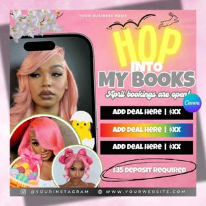 April Booking Flyer, Spring Booking Flyer, Easter Flyer, April Hair, Spring Books Open, April Book Now, April Lashes Nails Braid Wig Flyer
