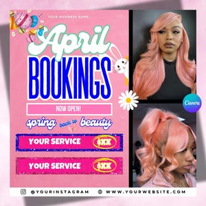April Booking Flyer, Spring Booking Flyer, Easter Flyer, April Hair, Spring Books Open, April Book Now, April Lashes Nails Braid Wig Flyer