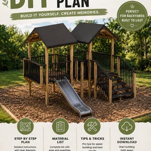 Può includere: Un piano per parco giochi fai-da-te con una struttura in legno a due torri coperte, uno scivolo in metallo e scale. Il testo recita: DIY PLAYGROUND PLAN, BUILD IT YOURSELF. CREATE MEMORIES, PERFECT FOR BACKYARDS BUILT TO LAST, STEP BY STEP PLAN, MATERIAL LIST, TIPS & TRICKS, INSTANT DOWNLOAD, DESIGNED FOR DIY BUILDERS.