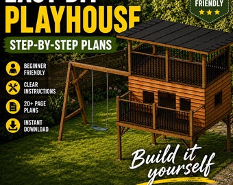 Puede incluir: Una casa de juegos de madera con techo y barandillas negros, y un columpio. La imagen incluye el texto "EASY DIY PLAYHOUSE" y "Build it yourself". El diseño es apto para principiantes, con instrucciones claras y descarga instantánea de planes en PDF.