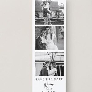 May include: A black and white Save the Date card featuring three photos of a couple. The card includes the text "SAVE THE DATE" and space for names, date, and location. The design is simple and elegant.