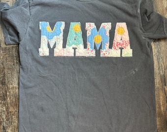Embroidered Mama T-Shirt: Upcycled Vintage Quilt Floral Mom Shirt