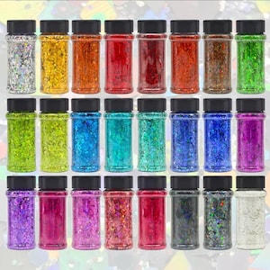 24-Color Chunky Holographic Glitter Set | 2oz Bottles | Holographic Mix for Crafts, Tumblers, Nail Art, Resin, Holiday DIYs and More