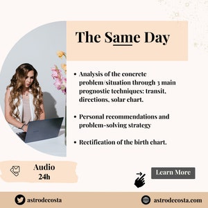 以下が含まれることがあります： 「The Same Day」というテキストが表示されたノートパソコンを使用している女性の画像。画像には、占星術サービスを説明する箇条書きが含まれており、「Audio 24h」という言葉と「Learn More」ボタンがあります。ウェブサイトのアドレスはastrodecosta.comです。