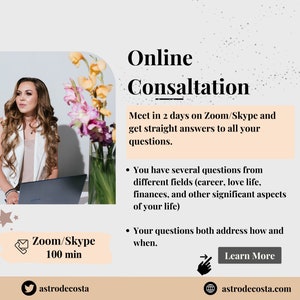 以下が含まれることがあります： オンラインコンサルテーションの広告。女性がノートパソコンを持って花の入った花瓶の隣に座っています。「オンラインコンサルテーション」、「Zoom/Skype 100分」、「詳細はこちら」などのテキストが含まれています。ウェブサイトとソーシャルメディアのハンドルも表示されます。