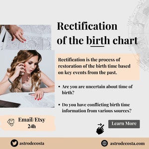 以下が含まれることがあります： 出生図の修正サービスを宣伝する画像。テキストには「出生図の修正」と「修正とは、過去の重要な出来事に基づいて出生時間を復元するプロセスです」と書かれています。連絡先情報が含まれています。