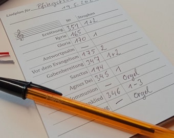 May include: A handwritten list of hymns and their corresponding numbers for a church service on Pentecost Sunday, May 19, 2024. The list includes the hymns "Eröffnung", "Kyrie", "Gloria", "Antwortpsalm", "Vor dem Evangelium", "Gabenbereitung", "Sanctus", "Agnus Dei", and "Communion".