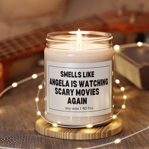 Personalized Scary Movie Candle, She’s Watching Scary Movies Again Candle, Horror Movie Lover Gift, Halloween Candle, Spooky Gift for Her