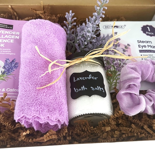 Lavender Gift Box, gift for her, bath and beauty gift basket for women, spa gift basket, care package for her, self care gift box