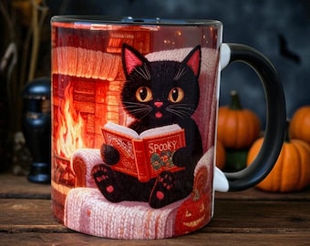 Embroidered Black Cat Halloween Mug: Spooky Ghost & Pumpkin Coffee Cup