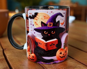 Taza de gato negro de Halloween: taza de café gótica espeluznante, regalo para amantes de los gatos