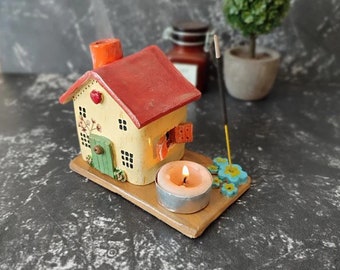 Ceramic Tea Light incense burner house, Tiny Clay Miniature Italian Ceramic House. Tiny house, Miniature House, Cute  ,Ceramic Miniatures.