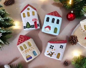Handmade Miniature Ceramic Christmas Houses: Rustic Holiday Decor, Set of 4
