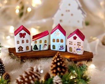 Handmade Miniature Ceramic Christmas Houses: Rustic Holiday Decor, Set of 4