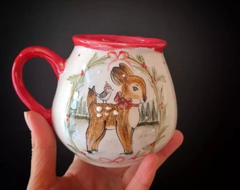 Hand-Painted Rabbit Ceramic Mug: Forest Animal Teacup (300ml)